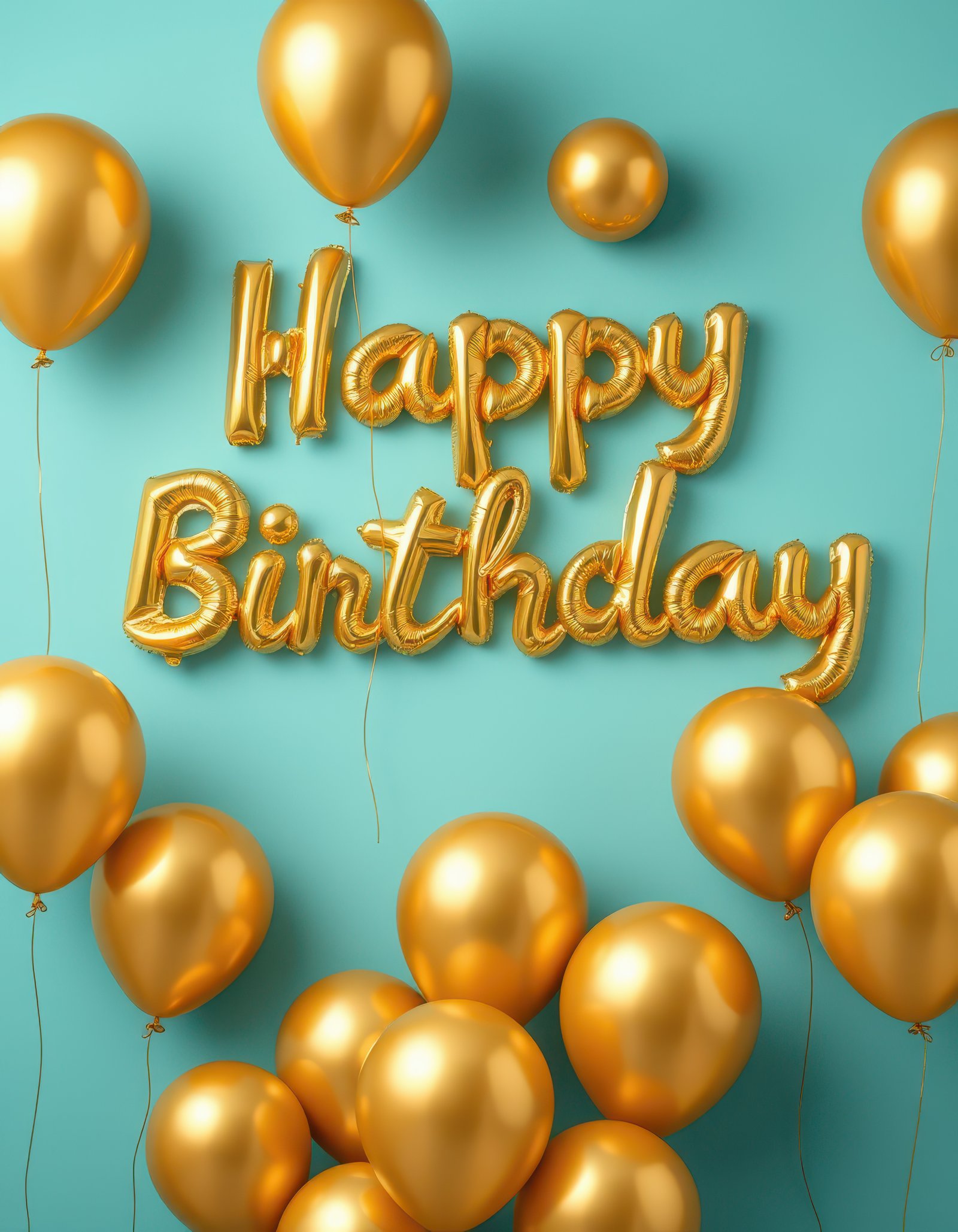 Gold balloons and festive decorations create a vibrant atmosphere for a birthday celebration against a teal background
